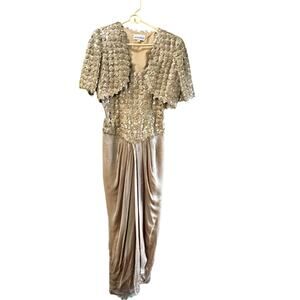 Vintage Liancarlo Women's Tan Beige Sequin Beaded Maxi Dress & Jacket Size 6